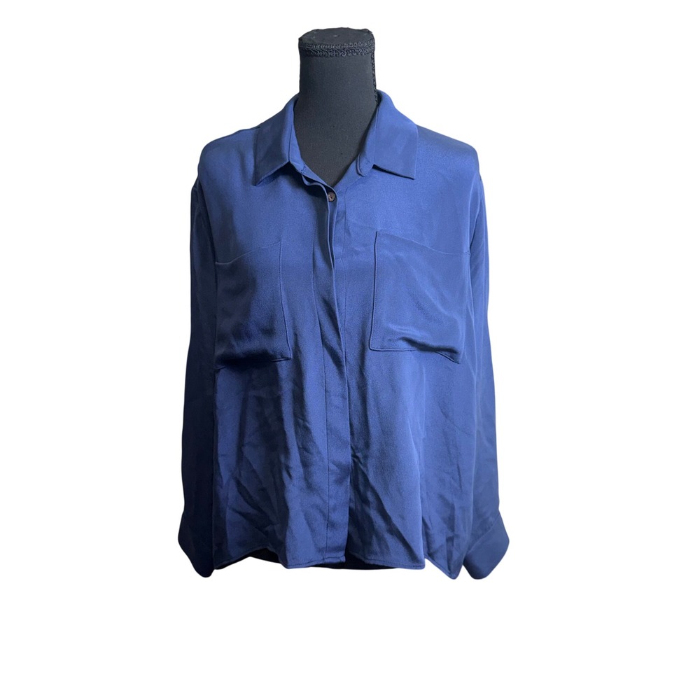 Ramy Brook Blouse XL Blue Button Down Silk Like Long Sleeve Utility Pocket Top
